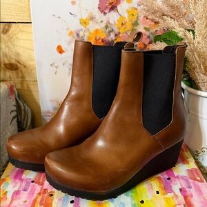 Papillio by Birkenstock Wedge Leather Ankle Boots-Ebba Pull On. Cognac. Size 40